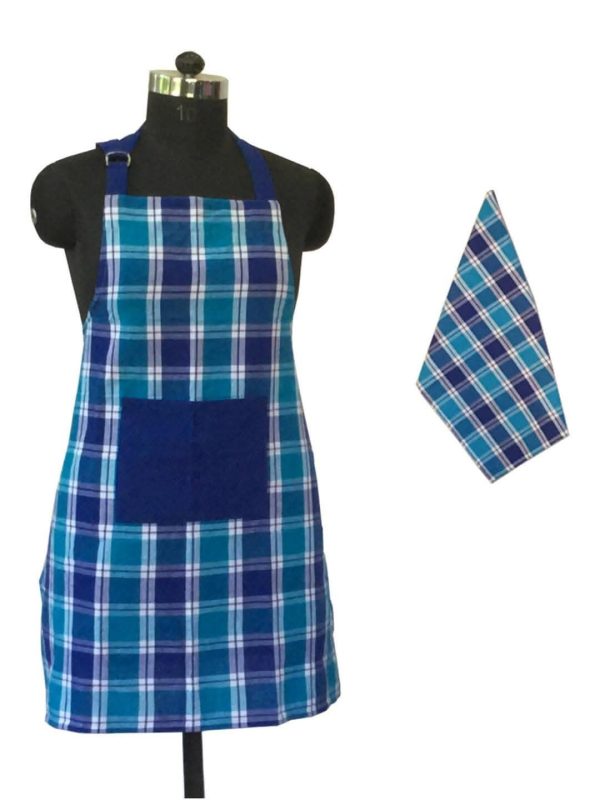 Lushomes Blue and Green Checks Apron Set 2-Piece (40x60 cm Towel & 60x80 cm Apron) For Discount